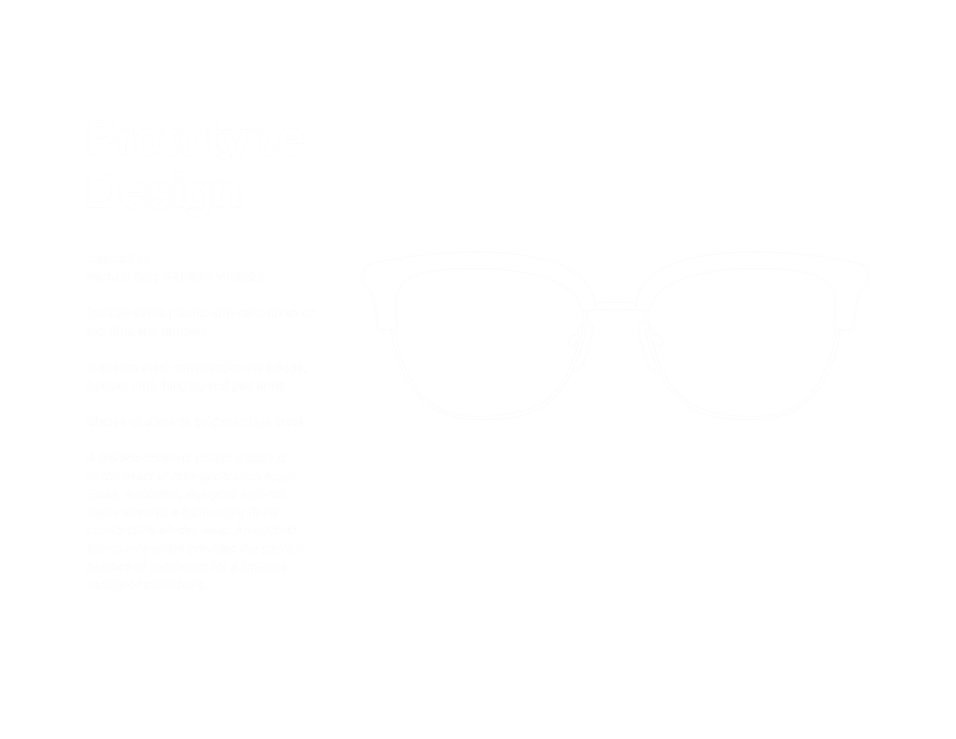 Prototype schematic for Apple Glass, showing a wireframe of the frames and description of its materials.