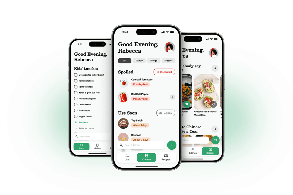 A view of all three of the app's main tabs–Lists, Kitchen, and Recipes–all shown of a stack of iPhone screens.